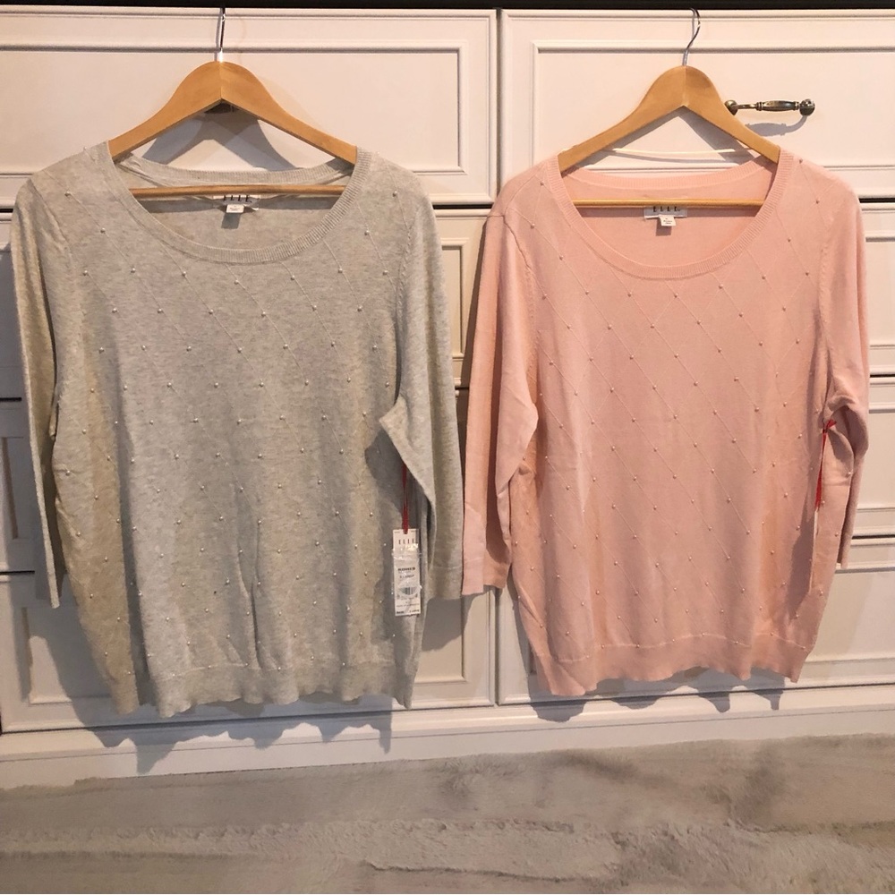 Set 2 Womens Elle Heather Grey Pink Pearl Studded 3/4 Sleeve Sweater Tops NWT XL